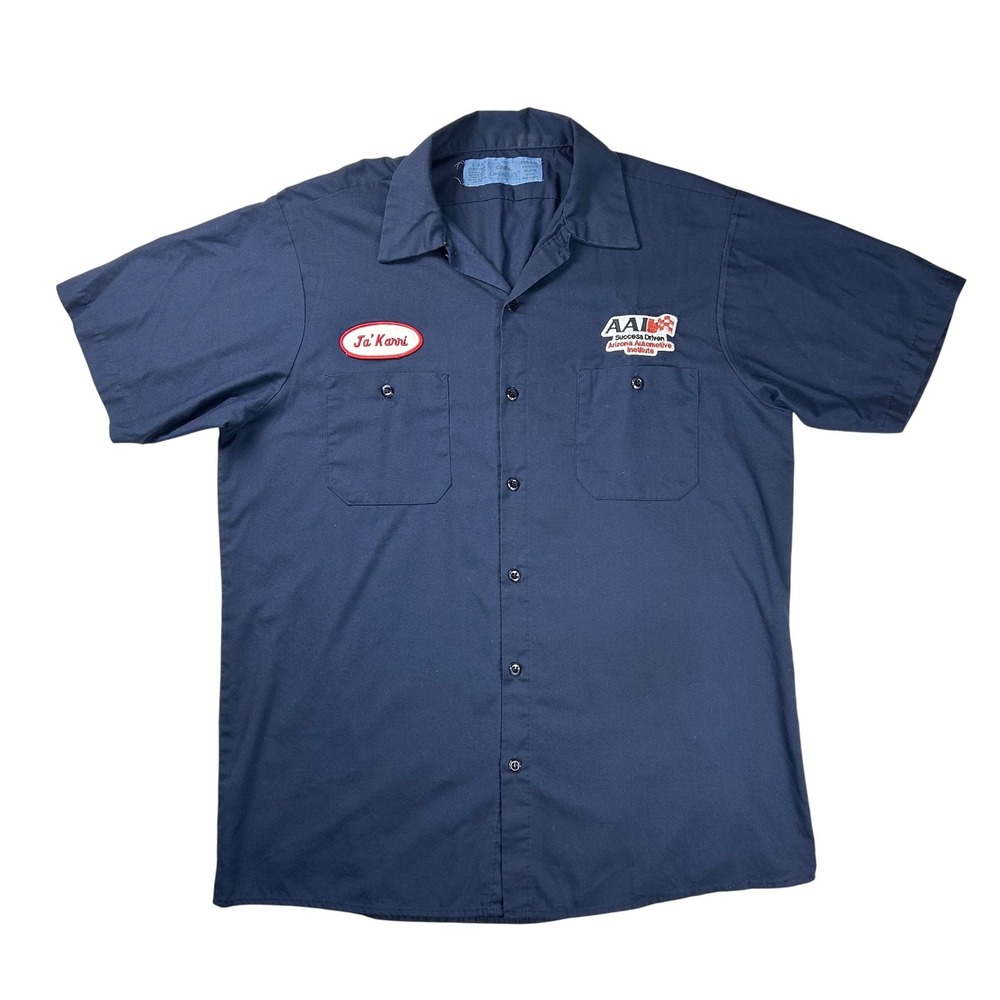 Cintas ComfortFLEX Navy Work Shirt Mens Large "Ja'Karri" Automotive Patch